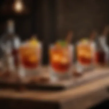 Cocktails Featuring Cinnamon Whiskey A rustic wooden bar top displaying various cocktails made with cinnamon whiskey, inviting mixology creativity.