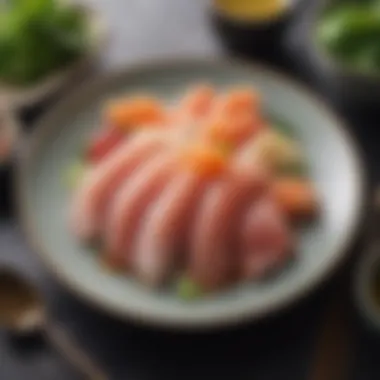 Elegant Sashimi Dining Experience An aesthetically pleasing sashimi dining setup with elegant tableware and ambient lighting