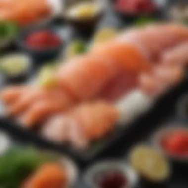 Fresh Ingredients for Sashimi An array of fresh sashimi ingredients including fish, vegetables, and garnishes elegantly displayed