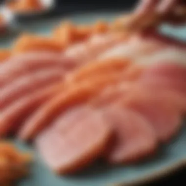 Sashimi Slicing Technique Close-up of finely sliced sashimi pieces on a decorative plate, highlighting precision and technique