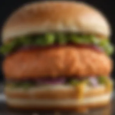 A close-up view highlighting the texture of a SeaPak salmon burger