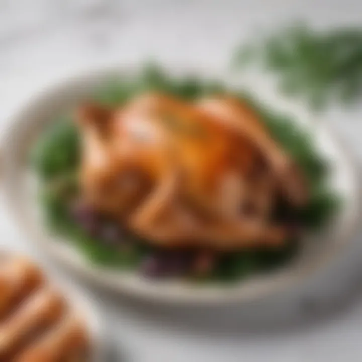 A beautifully garnished plate of smoked chicken with herbs, highlighting the final presentation.