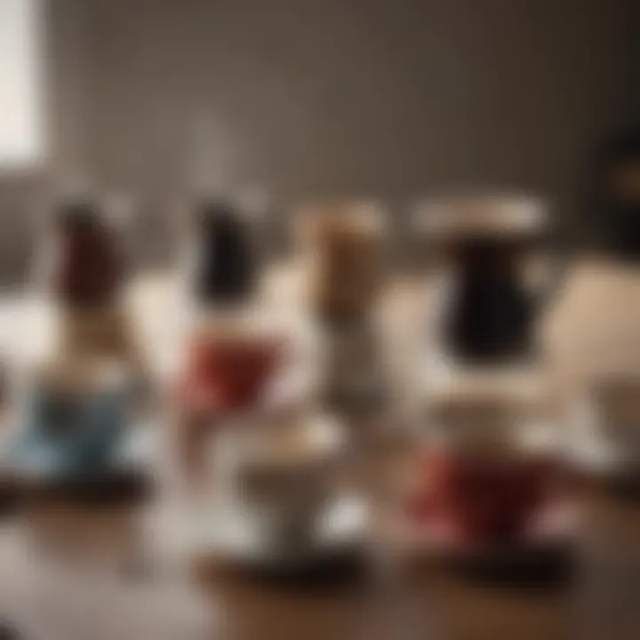 Various types of ceramic pour over coffee makers arranged aesthetically