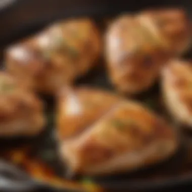 Golden brown chicken breasts sizzling in a skillet