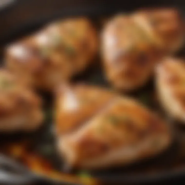 Golden brown chicken breasts sizzling in a skillet