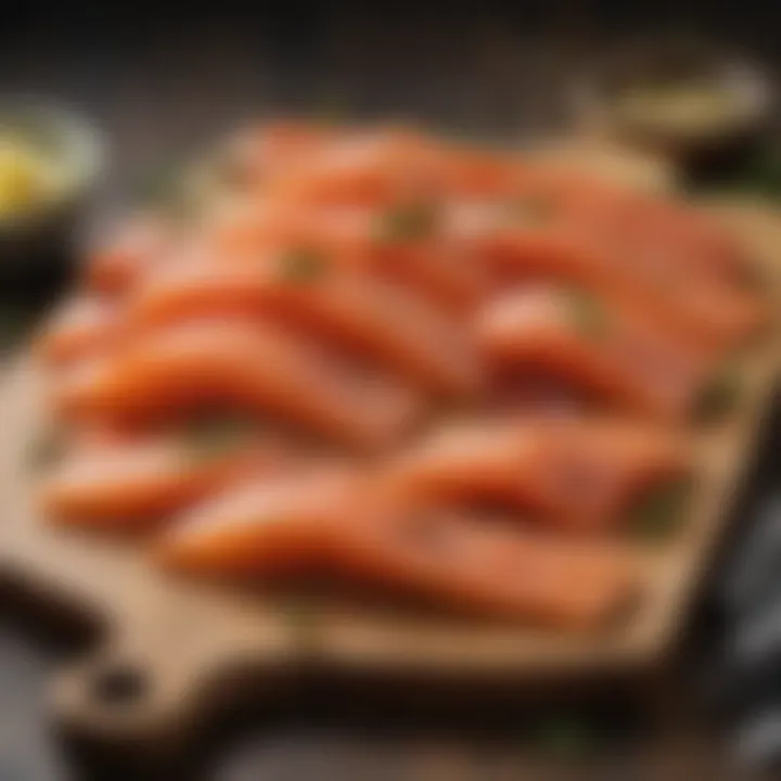 Varieties of smoked salmon on a wooden board with garnishes