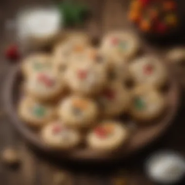 An array of sour cream cookies with various toppings and decorations on a rustic wooden table