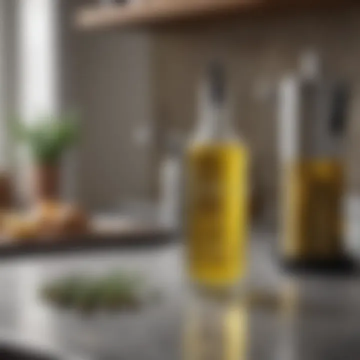 Stylish kitchen countertop adorned with a stainless olive oil dispenser and fresh ingredients