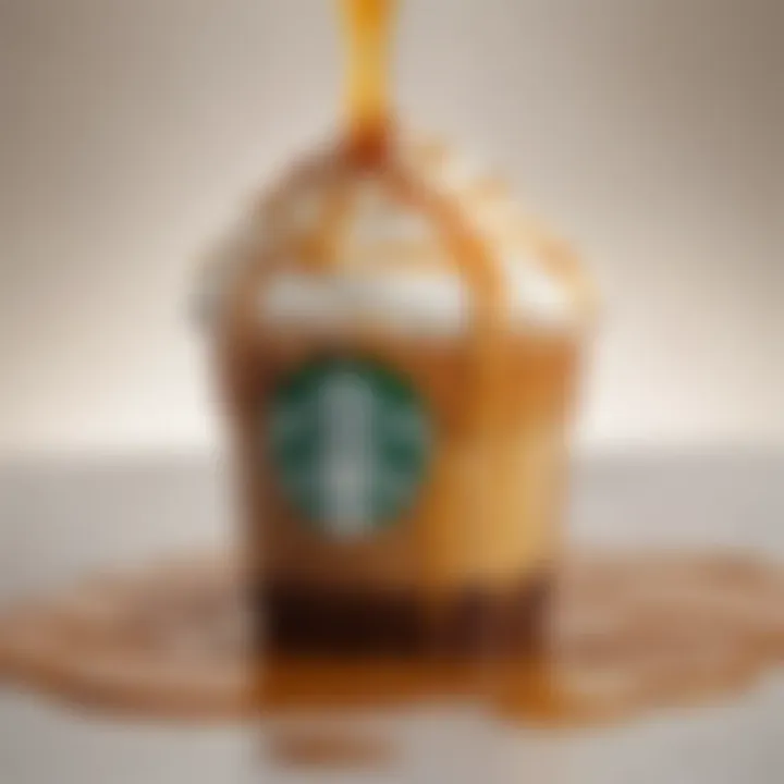 Close-up of a Starbucks caramel sauce drizzling over a beverage.