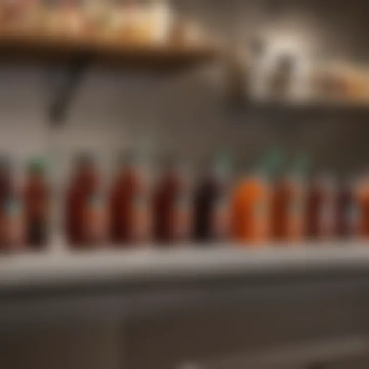 Starbucks coffee syrup bottles lined up on a counter.