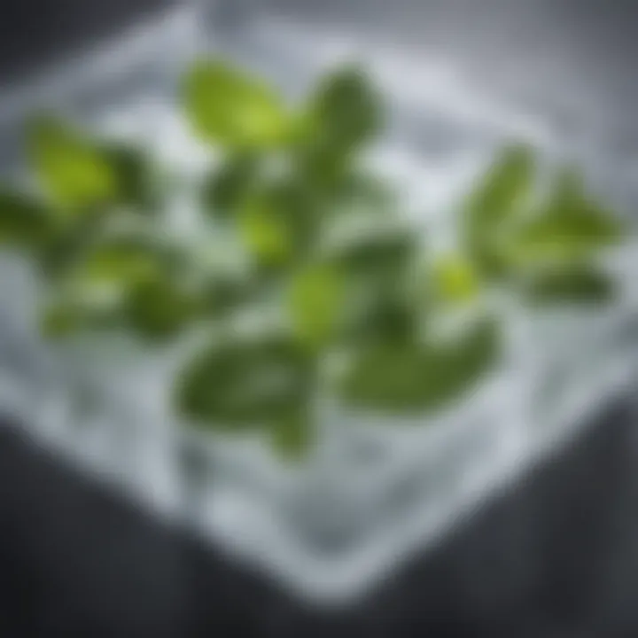 Basil leaves packed in an ice tray for freezing