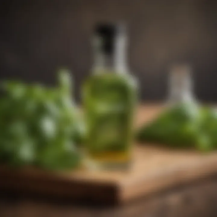 A bottle of basil-infused oil on a wooden table