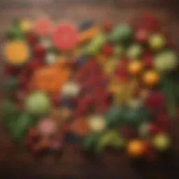 Colorful assortment of fresh fruits and vegetables on a wooden table