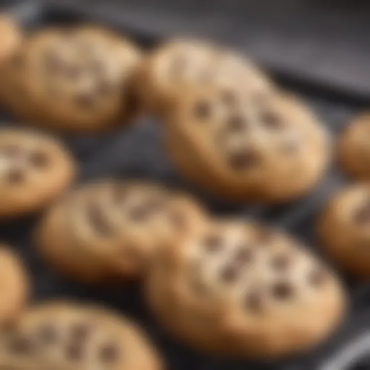 A close-up of freshly baked Swerve chocolate chip cookies on a cooling rack.