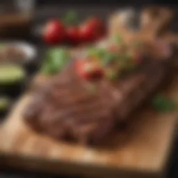 A beautifully grilled carne asada steak resting on a wooden board