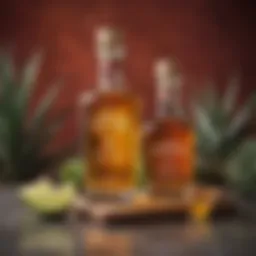 Elegant arrangement of tequila bottles and agave nectar showcasing their vibrant colors