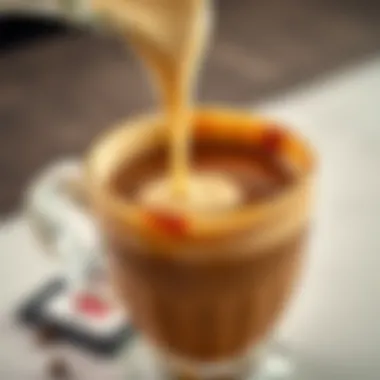 Pouring Perfection: Irish Cream and Coffee A close-up of Irish cream pouring into a steaming cup of coffee, highlighting the blend