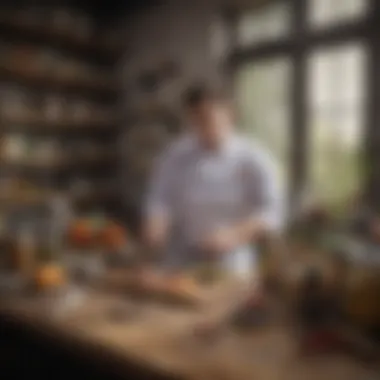 A chef's workspace with bokan tools and ingredients, evoking creativity