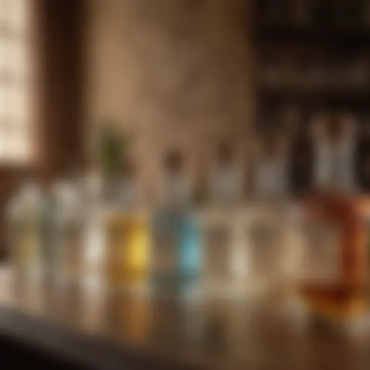 An artistic arrangement of various tequila bottles on a rustic bar counter.