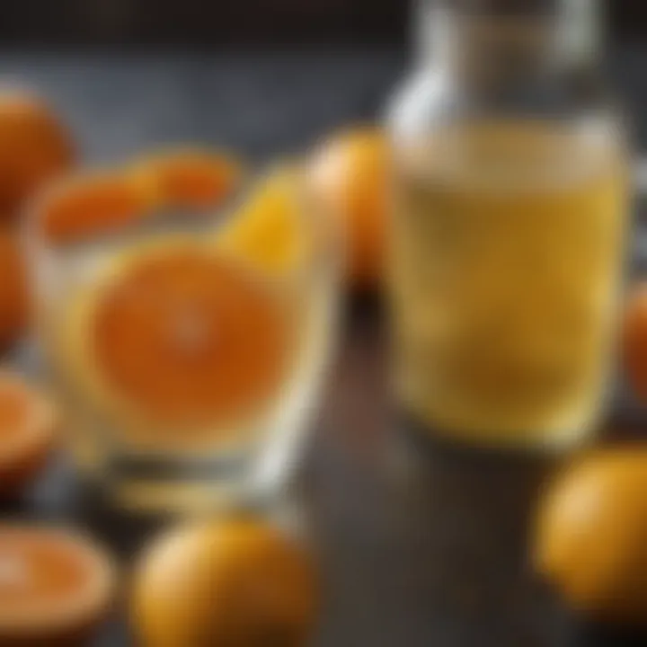 A close-up view of freshly squeezed citrus fruits beside a small jar of simple syrup.