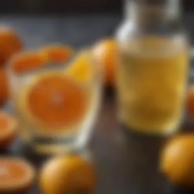 Citrus and Simple Syrup Harmony A close-up view of freshly squeezed citrus fruits beside a small jar of simple syrup.