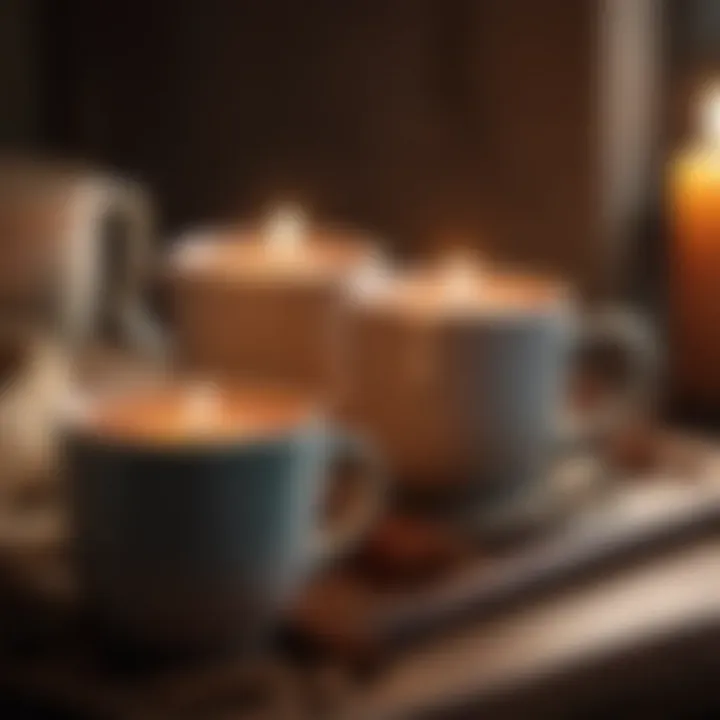 A cozy setting featuring a warm beverage in a handcrafted mug beside a flickering candle.