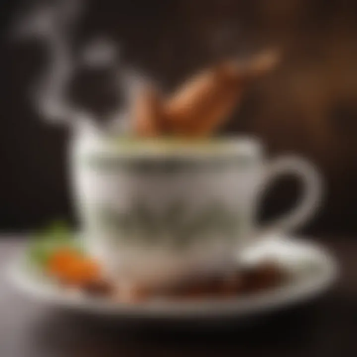 Close-up of a steaming cup with aromatic herbs and spices floating on top, radiating warmth and comfort.