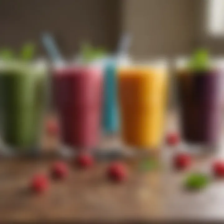An assortment of colorful smoothies in clear glasses showcasing diverse flavors and textures