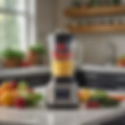 A sleek personal smoothie blender on a kitchen countertop surrounded by fresh fruits and vegetables