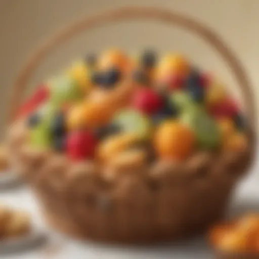 An elegantly arranged fruit cookie basket showcasing vibrant fruits and cookies.