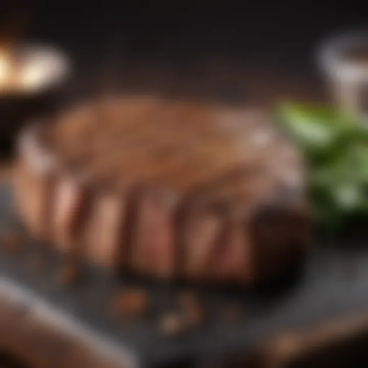 A close-up of a perfectly grilled steak with seasoning.