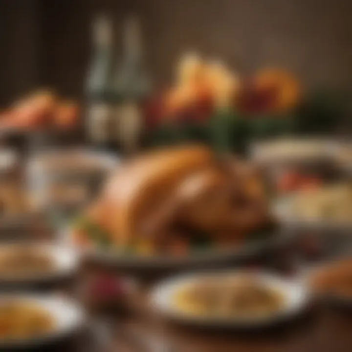 A festive table setting showcasing a turkey and its side dishes