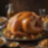 A beautifully roasted turkey with golden skin and stuffing peeking out