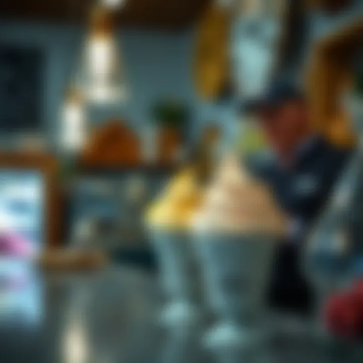 An artisan ice cream maker showcasing unique flavor creations in a quaint shop