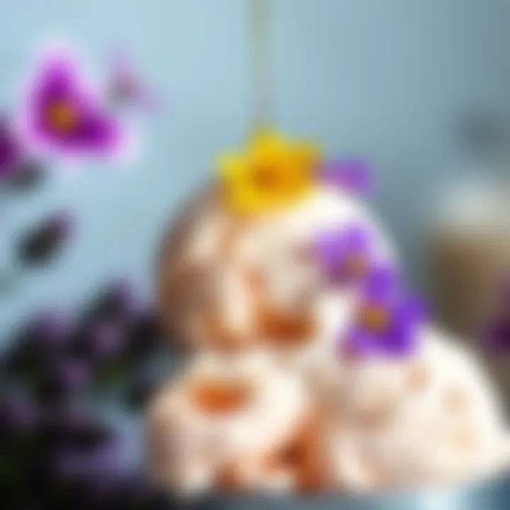 A vibrant scoop of lavender honey ice cream adorned with edible flowers
