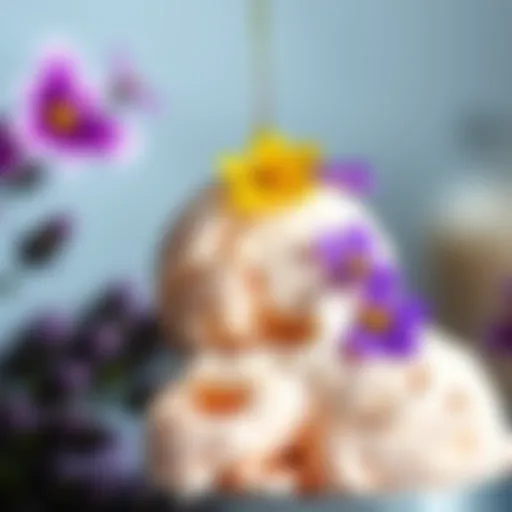 Lavender Honey Ice Cream Delight A vibrant scoop of lavender honey ice cream adorned with edible flowers