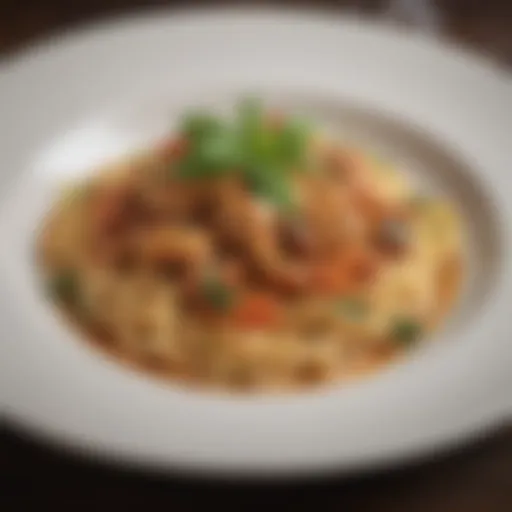 A beautifully plated pasta dish showcasing rich sauces and fresh herbs
