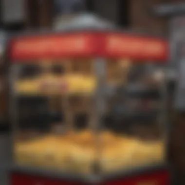 A vintage popcorn machine at a bustling New York City popcorn shop
