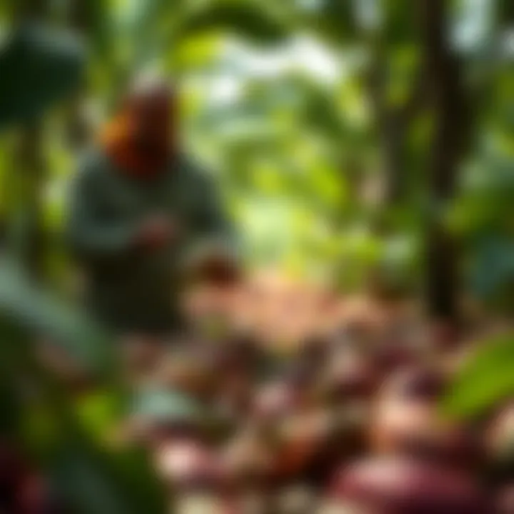 Sustainable cocoa farming practices depicted in a lush environment, emphasizing eco-friendliness
