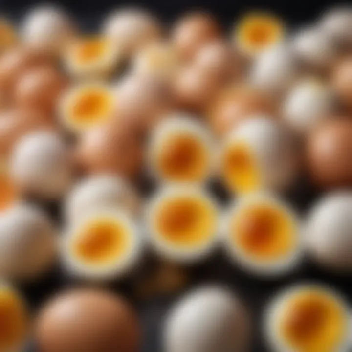 An assortment of boiled eggs cut open to reveal varying yolk textures