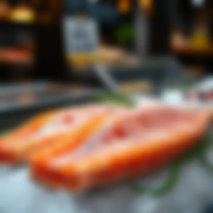 Freshly caught whole salmon displayed on ice