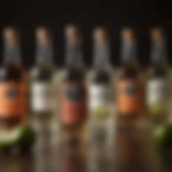 Various types of cachaça displayed in elegant bottles