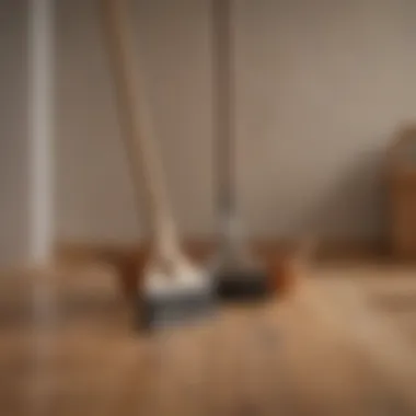 A broom and dustpan set against a backdrop of hardwood flooring.