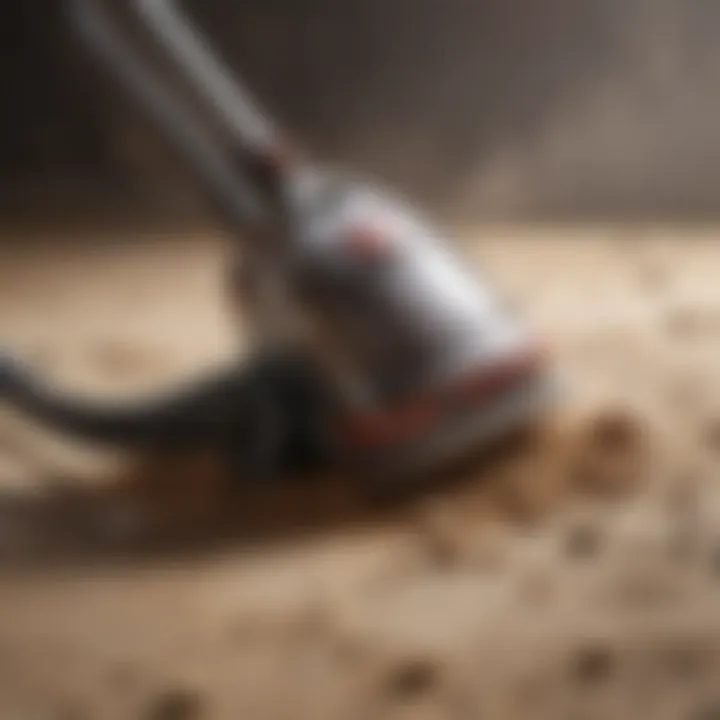 A modern vacuum cleaner positioned next to a pile of dust and debris.