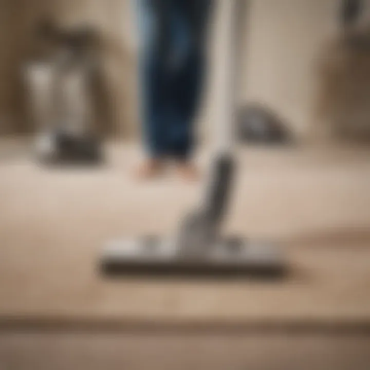 A person demonstrating effective vacuuming techniques on a carpet.