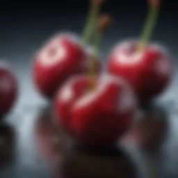 A close-up view of fresh cherries with droplets of water