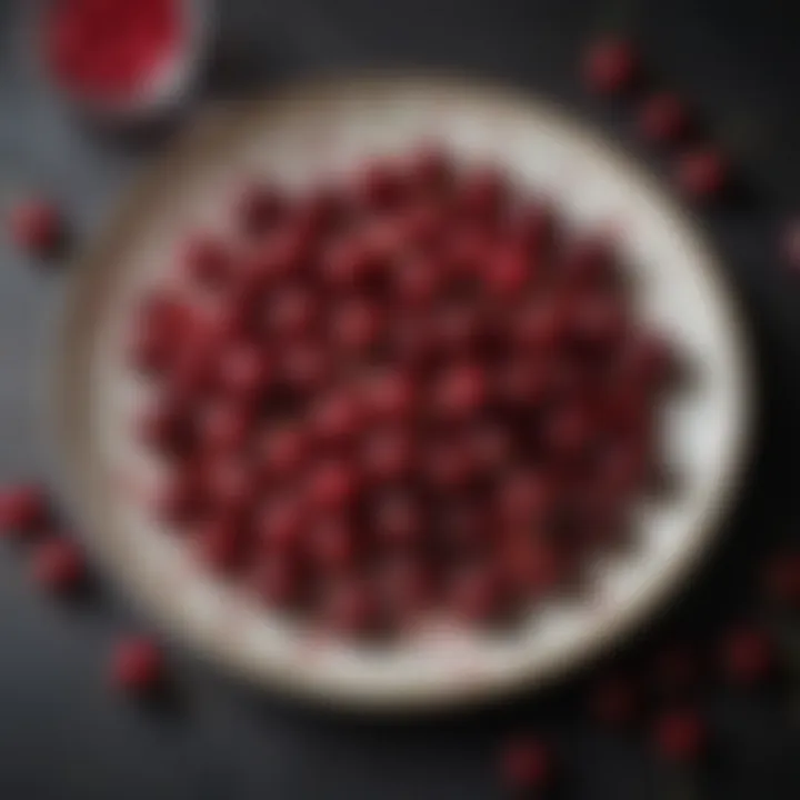 An artistic arrangement of cherry cordial candies on a vintage plate alongside fresh cherries and chocolate pieces.