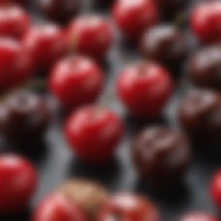 A close-up view of cherry cordial candies showcasing their glossy chocolate exterior and vibrant red cherry filling.