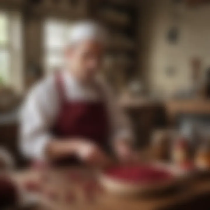 A historical depiction of early confectionery artisans crafting cherry cordial candy in a traditional kitchen setting.