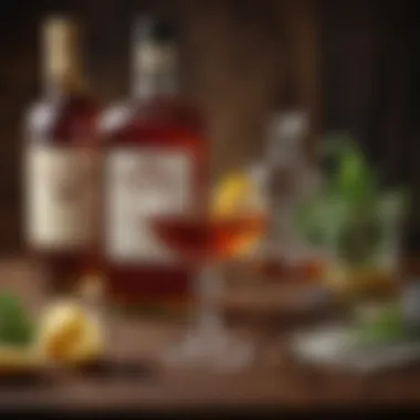 A collection of key Sazerac ingredients including rye whiskey, sugar, and absinthe